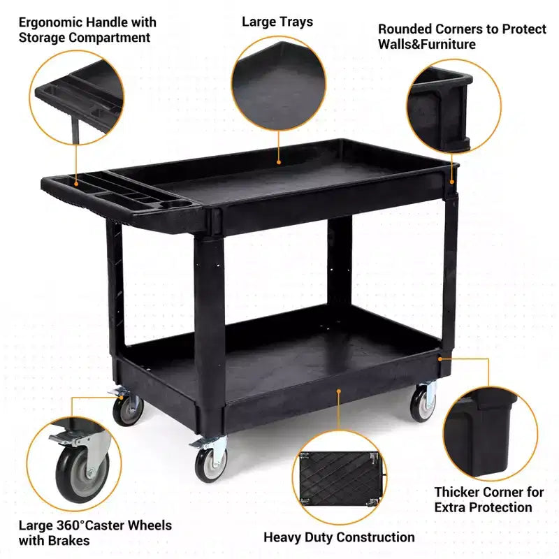 2-Tier Utility Service Cart with Wheels, 550 lbs Capacity