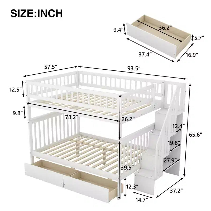 Full over Full Bunk Bed with Storage Drawers and Shelves