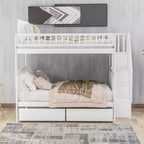 Full over Full Bunk Bed with Storage Drawers and Shelves