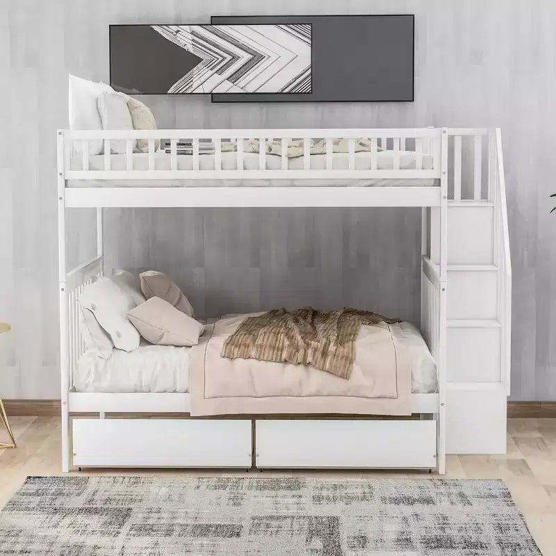 Full over Full Bunk Bed with Storage Drawers and Shelves