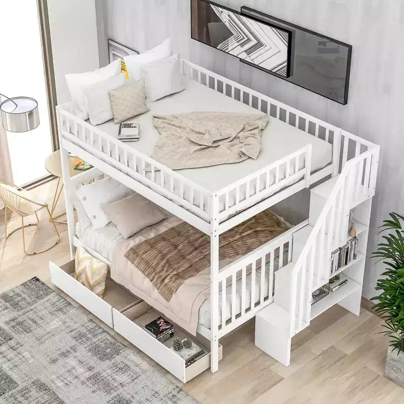 Full over Full Bunk Bed with Storage Drawers and Shelves