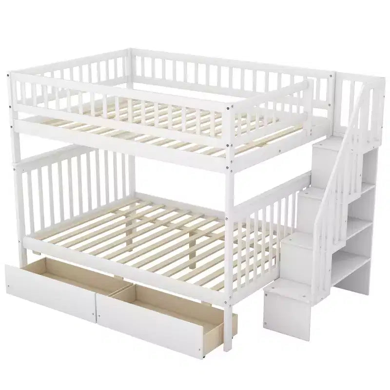 Full over Full Bunk Bed with Storage Drawers and Shelves
