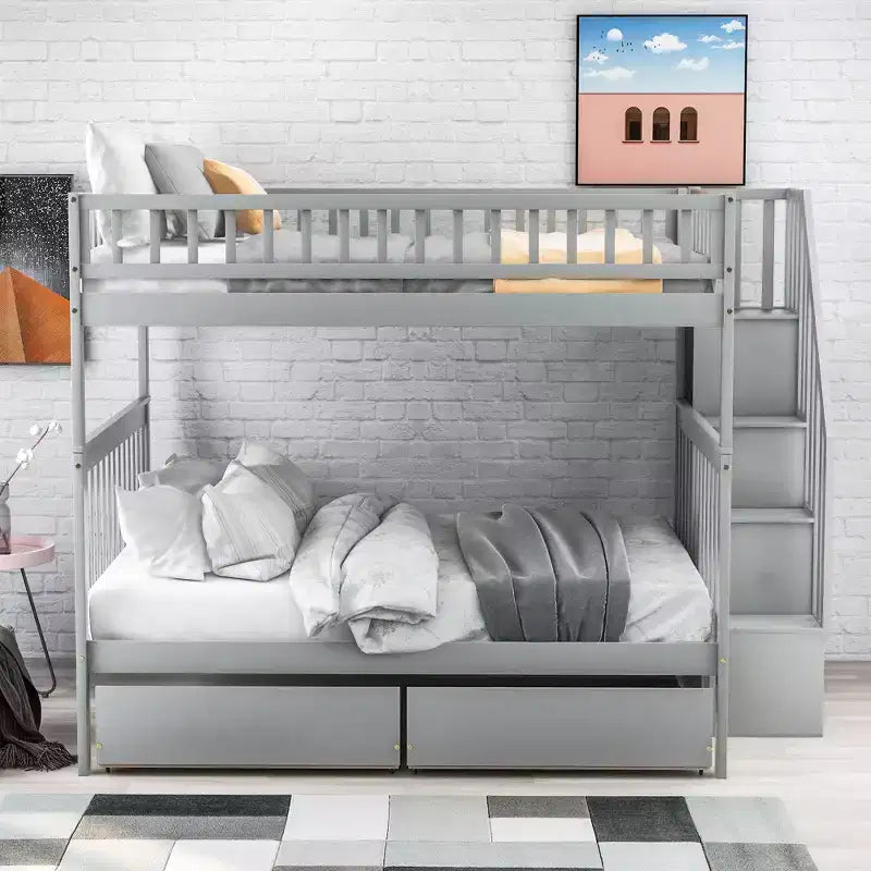 Full over Full Bunk Bed with Storage Drawers and Shelves