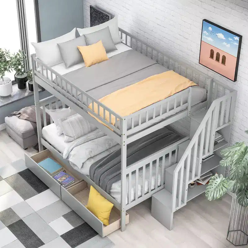 Full over Full Bunk Bed with Storage Drawers and Shelves