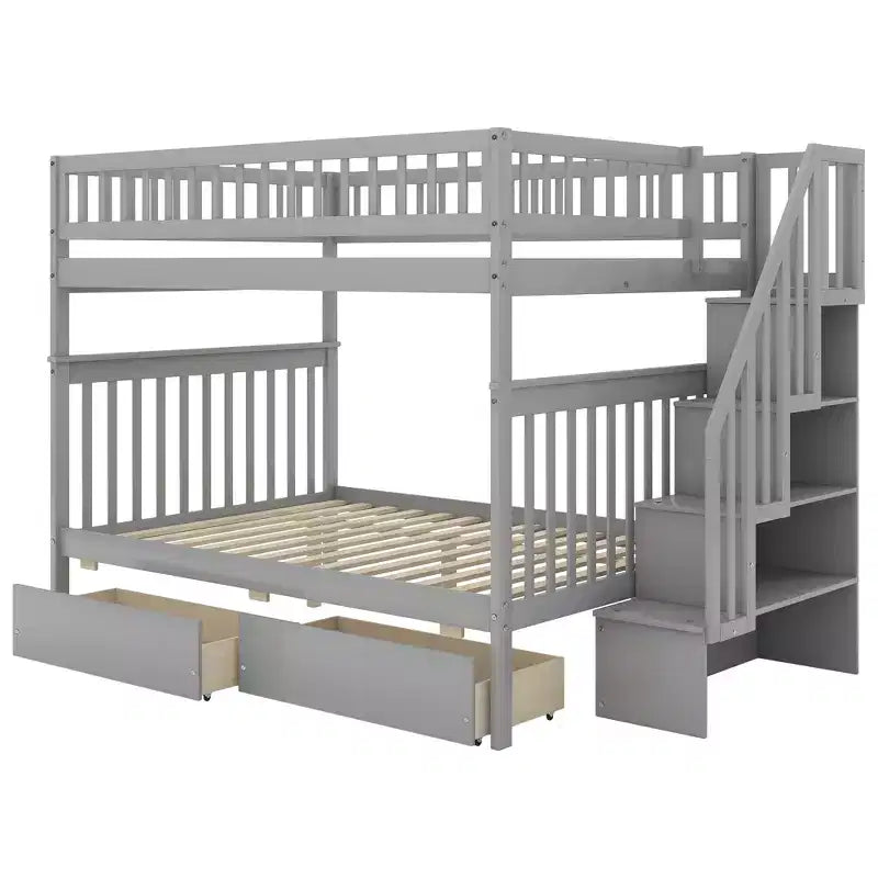 Full over Full Bunk Bed with Storage Drawers and Shelves