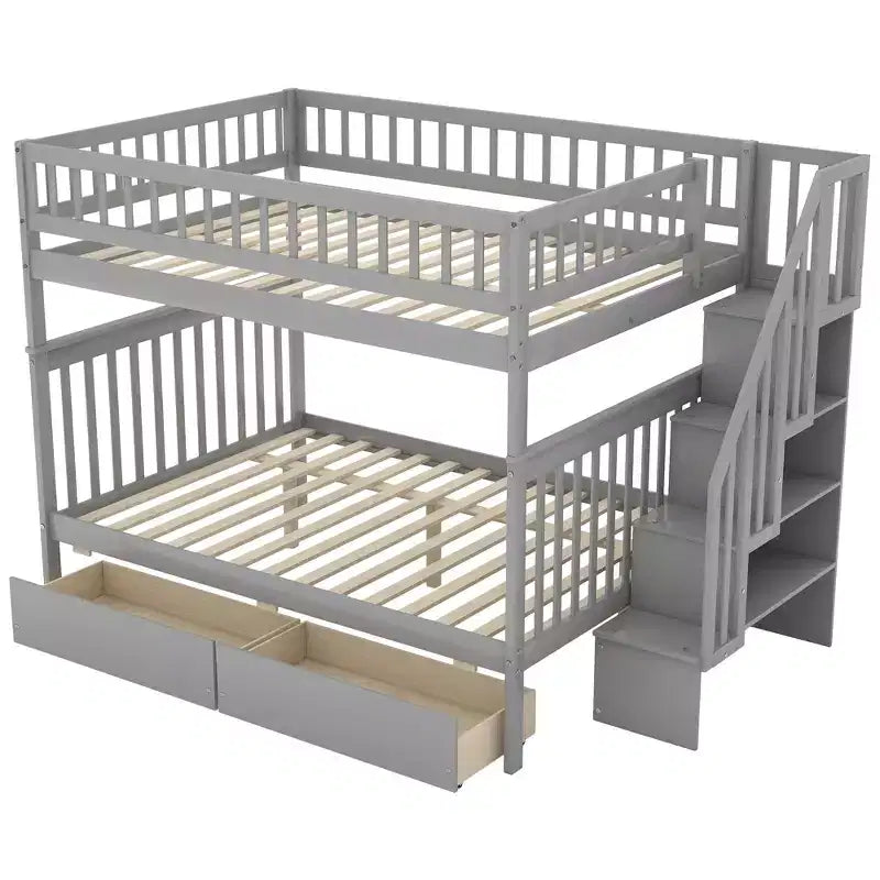 Full over Full Bunk Bed with Storage Drawers and Shelves