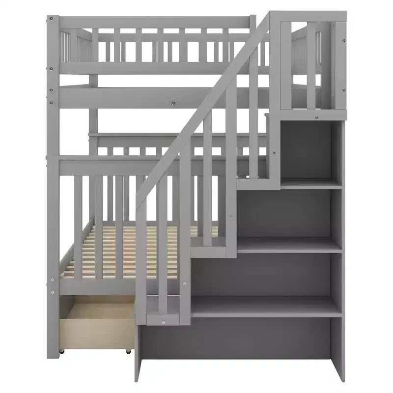 Full over Full Bunk Bed with Storage Drawers and Shelves