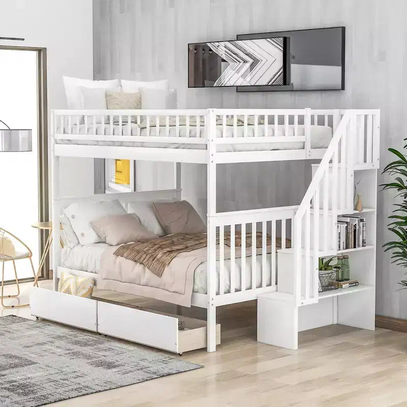 Full over Full Bunk Bed with Storage Drawers and Shelves