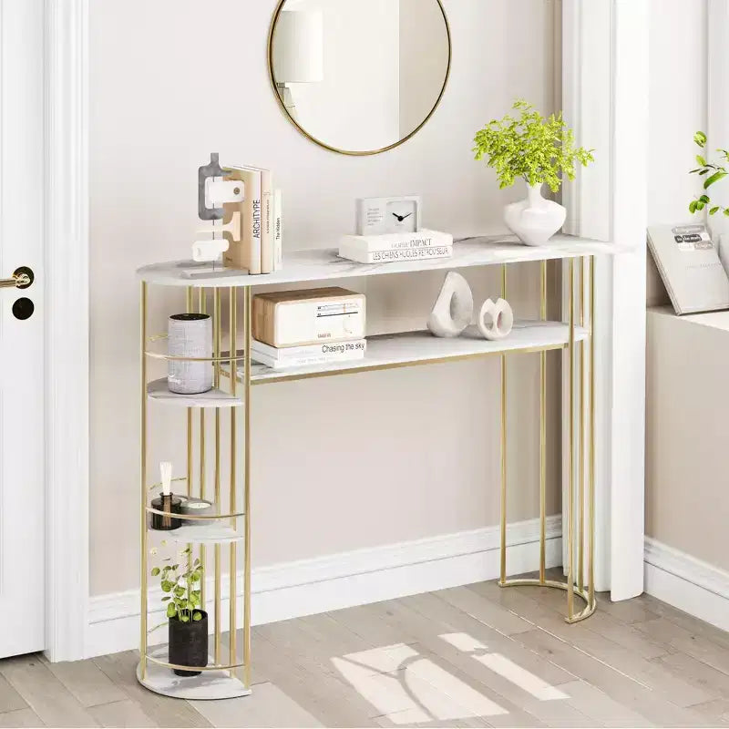 43.5" Console Table with Marble-Textured Top and Storage Shelves