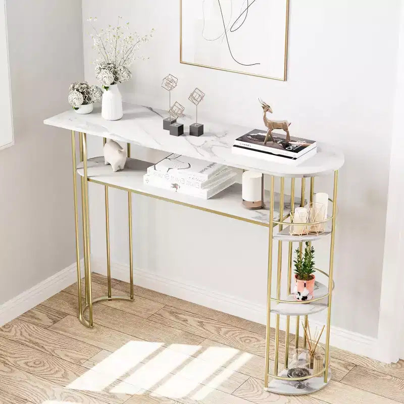 43.5" Console Table with Marble-Textured Top and Storage Shelves
