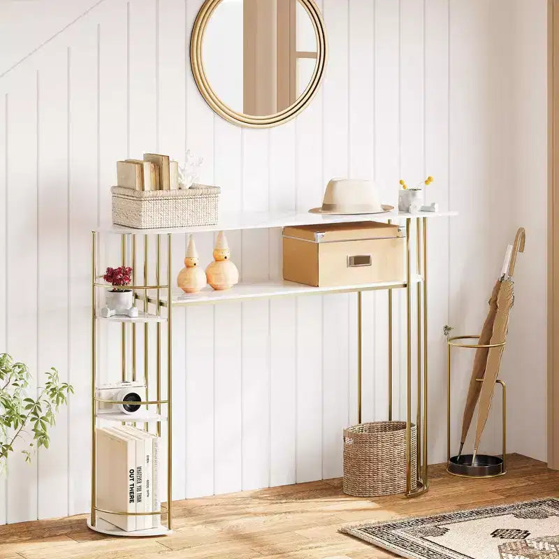43.5" Console Table with Marble-Textured Top and Storage Shelves