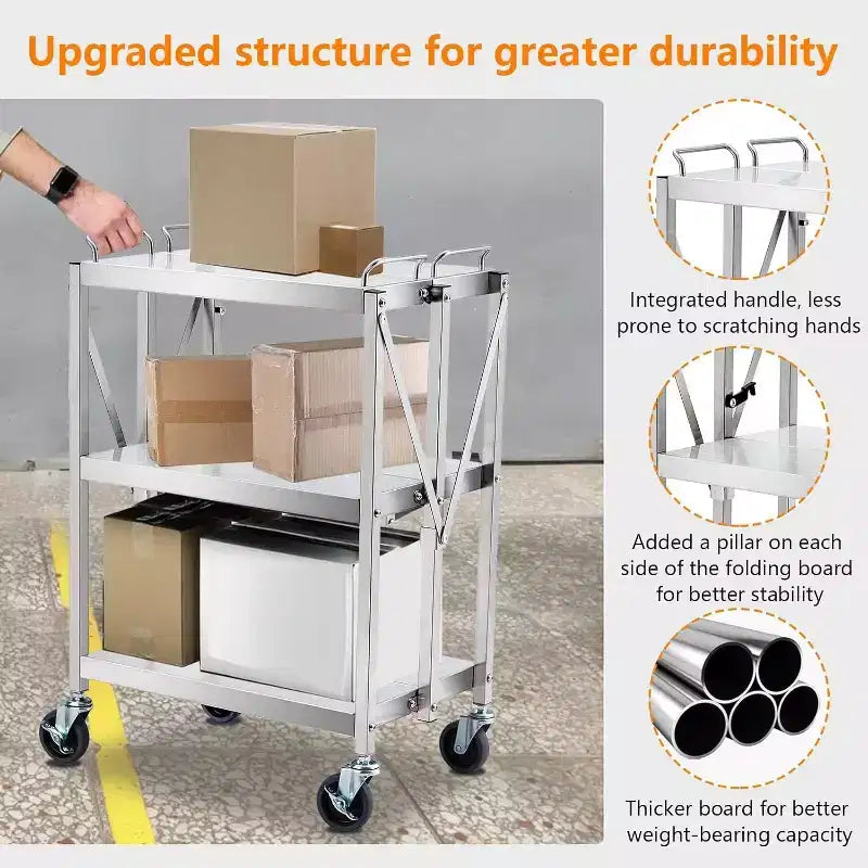 3-Tier Foldable Utility Cart with Wheels, 300 lb Capacity, Stainless Steel Frame