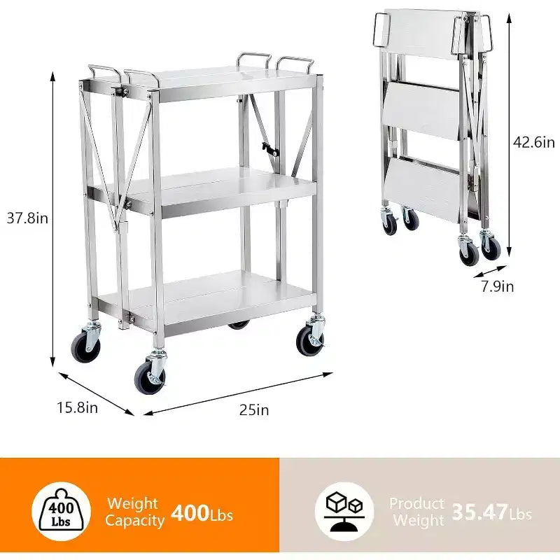 3-Tier Foldable Utility Cart with Wheels, 300 lb Capacity, Stainless Steel Frame