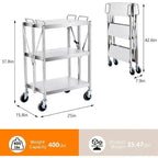 3-Tier Foldable Utility Cart with Wheels, 300 lb Capacity, Stainless Steel Frame
