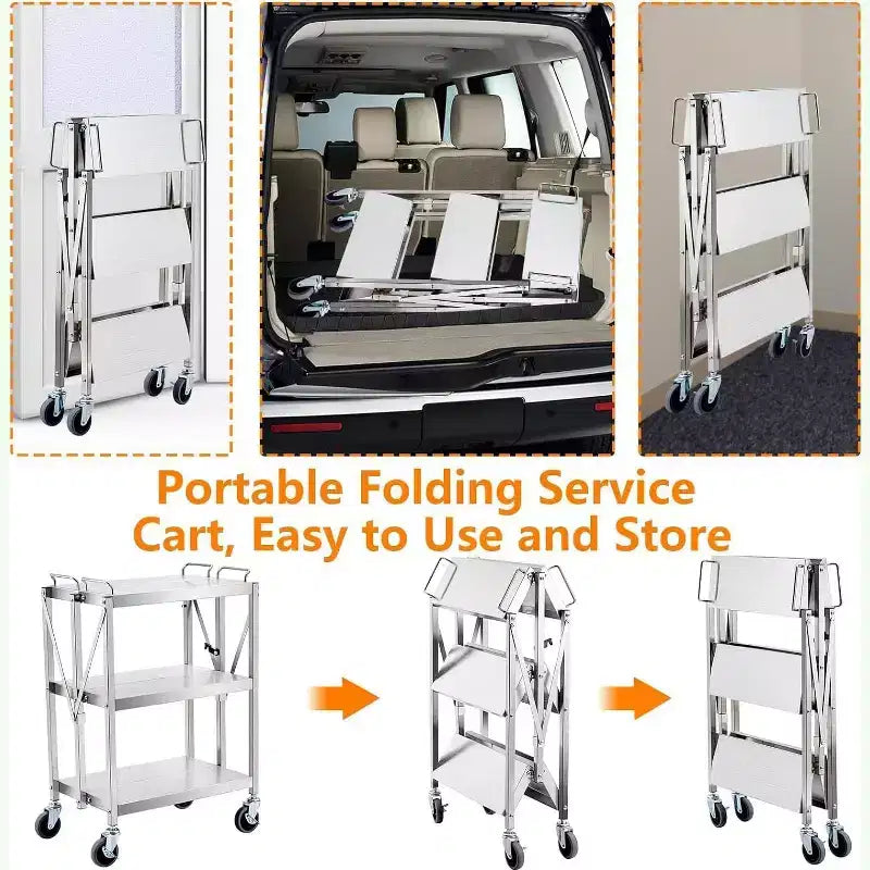 3-Tier Foldable Utility Cart with Wheels, 300 lb Capacity, Stainless Steel Frame