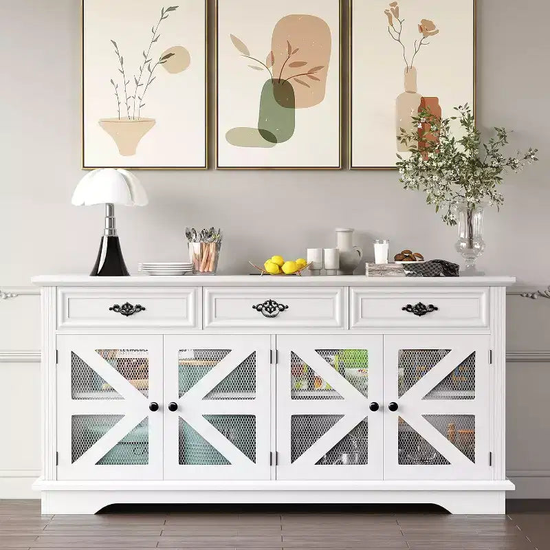 63" Buffet Cabinet with Charging Station, 3 Drawers, Adjustable Shelves & 4 Mesh Barn Doors