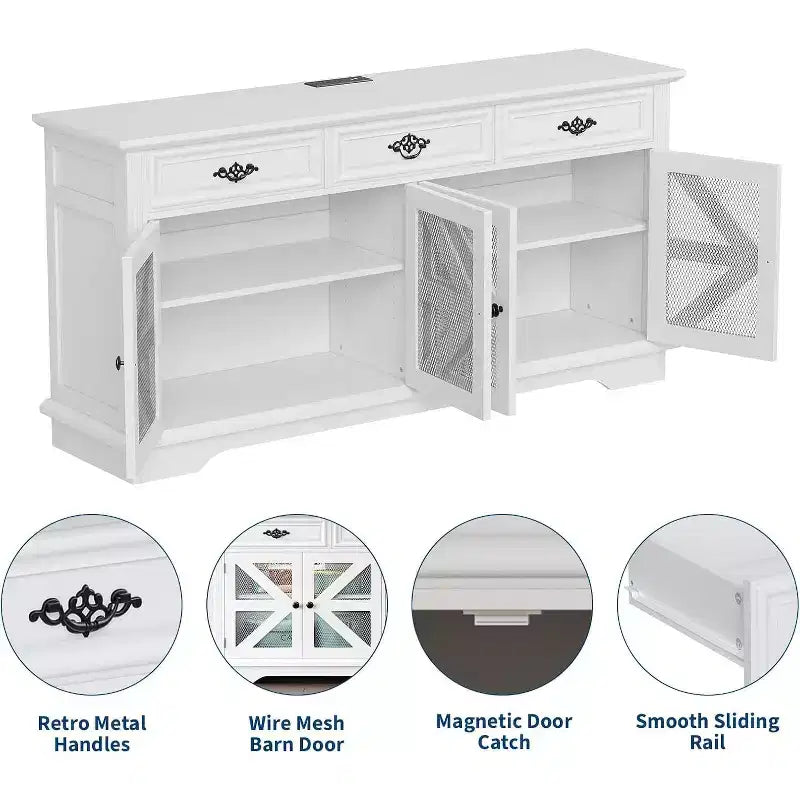 63" Buffet Cabinet with Charging Station, 3 Drawers, Adjustable Shelves & 4 Mesh Barn Doors