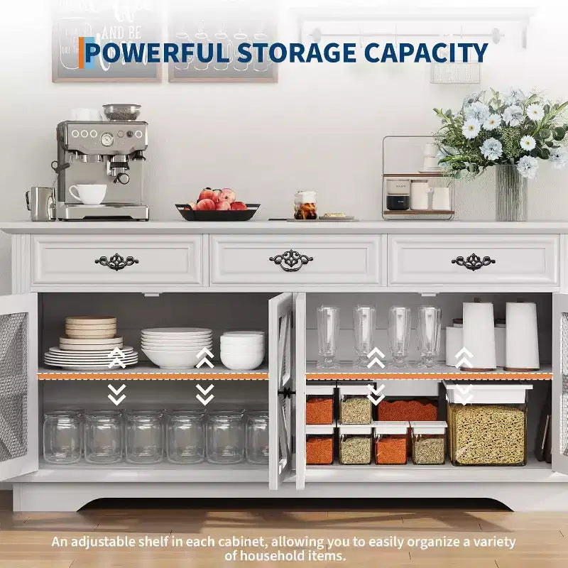 63" Buffet Cabinet with Charging Station, 3 Drawers, Adjustable Shelves & 4 Mesh Barn Doors