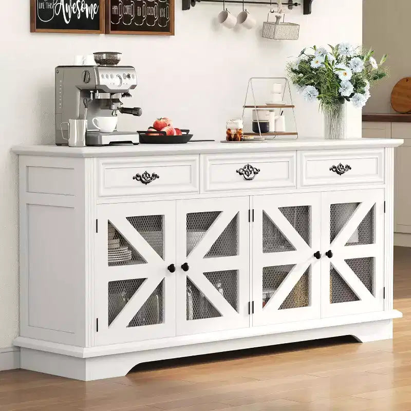 63" Buffet Cabinet with Charging Station, 3 Drawers, Adjustable Shelves & 4 Mesh Barn Doors
