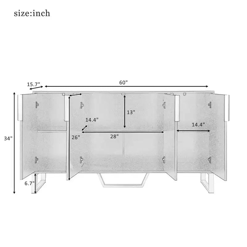 Sideboard Buffet Cabinet with 4 Doors, Metal Handles and Adjustable Shelves for Dining Room, Black