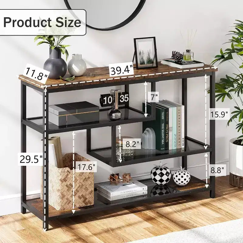 4-Tier Console Table with Tempered Glass Shelf, Industrial Entryway Table, 39.5'' W, Brown