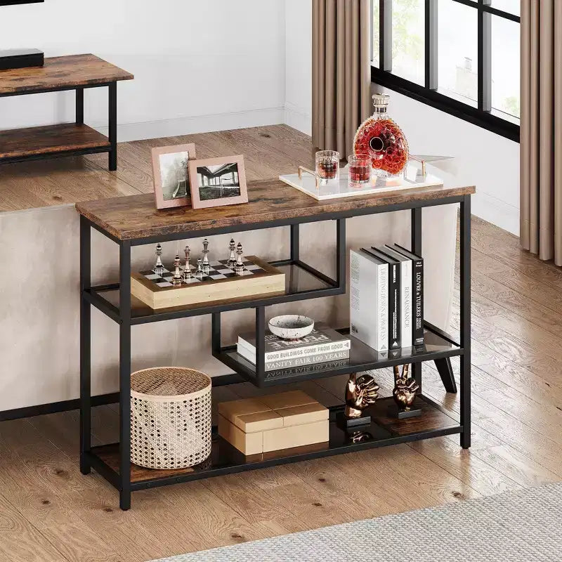 4-Tier Console Table with Tempered Glass Shelf, Industrial Entryway Table, 39.5'' W, Brown