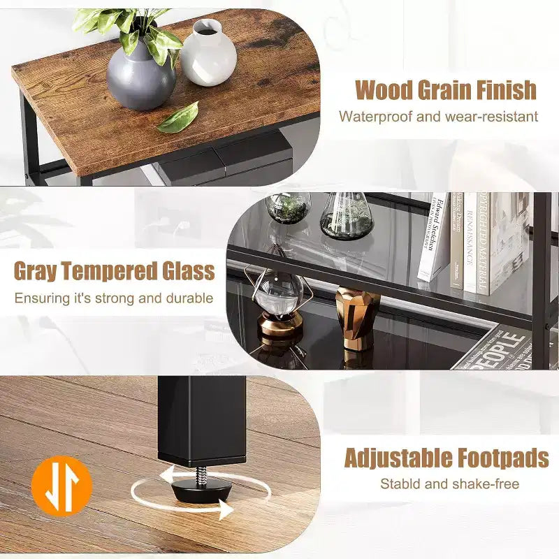 4-Tier Console Table with Tempered Glass Shelf, Industrial Entryway Table, 39.5'' W, Brown