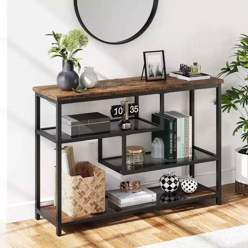 4-Tier Console Table with Tempered Glass Shelf, Industrial Entryway Table, 39.5'' W, Brown