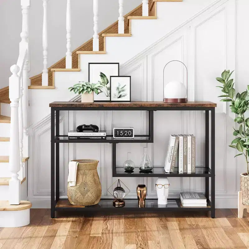 4-Tier Console Table with Tempered Glass Shelf, Industrial Entryway Table, 39.5'' W, Brown