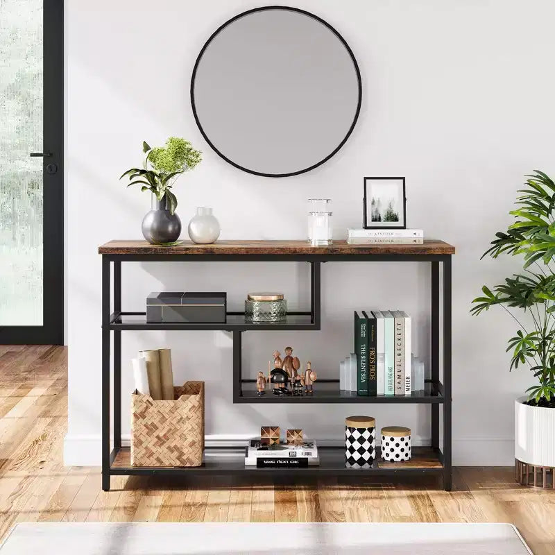 4-Tier Console Table with Tempered Glass Shelf, Industrial Entryway Table, 39.5'' W, Brown