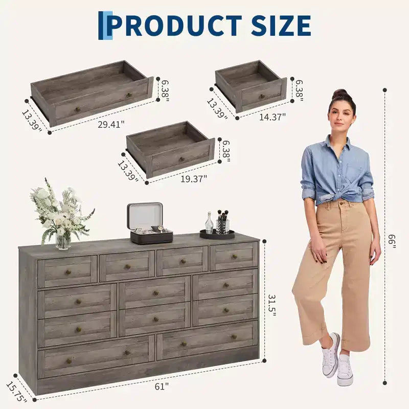 12-Drawer Wood Dresser with TV Stand Top