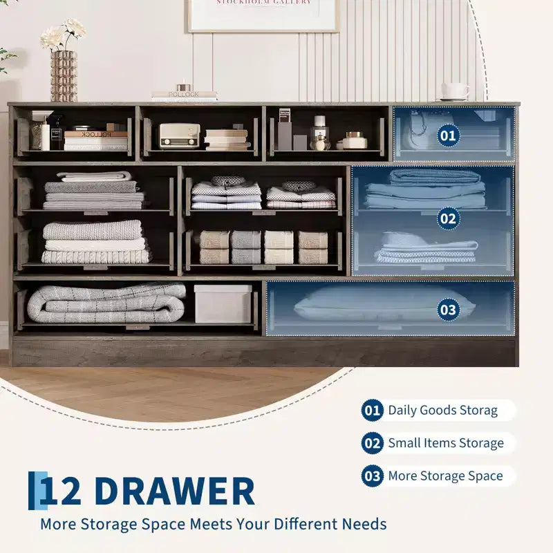 12-Drawer Wood Dresser with TV Stand Top