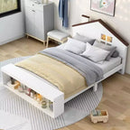 Full Size Bed Frame with Storage Drawers and LED Light, Wooden Platform Bed, White, for Kids & Teens