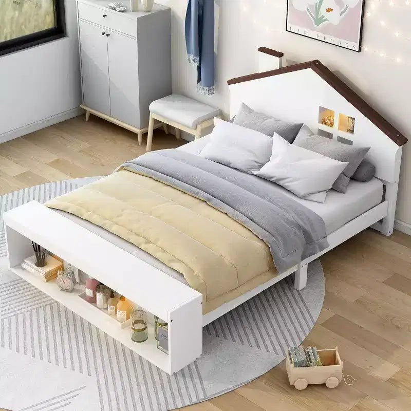 Full Size Bed Frame with Storage Drawers and LED Light, Wooden Platform Bed, White, for Kids & Teens