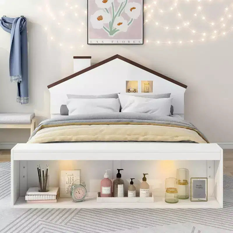 Full Size Bed Frame with Storage Drawers and LED Light, Wooden Platform Bed, White, for Kids & Teens