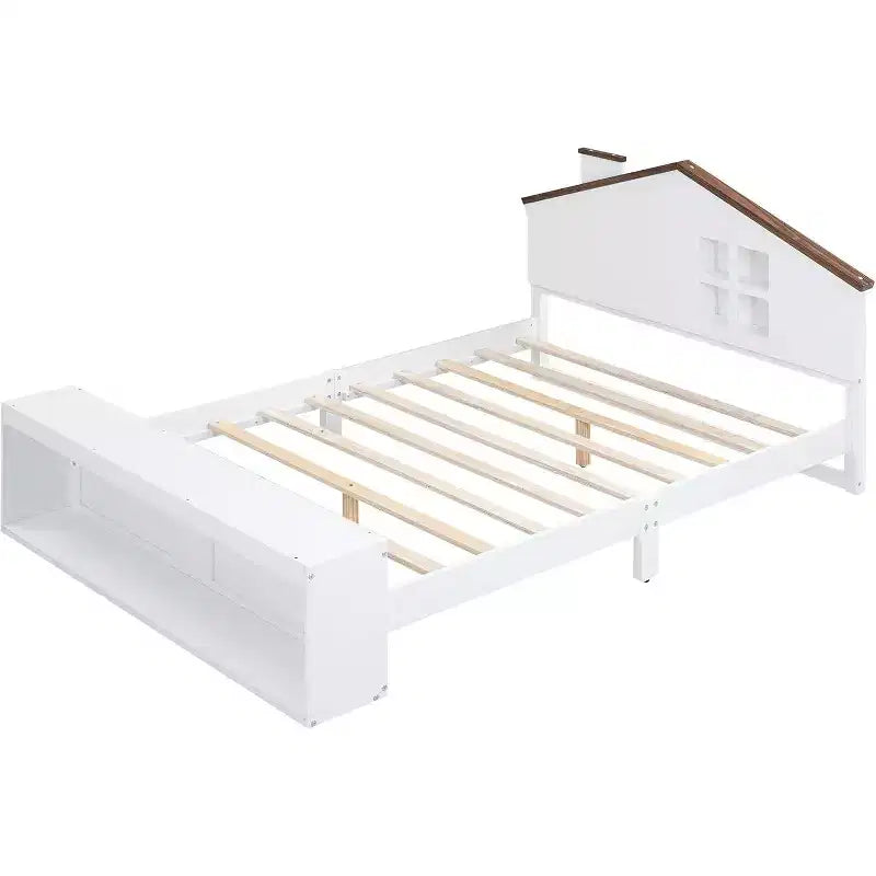 Full Size Bed Frame with Storage Drawers and LED Light, Wooden Platform Bed, White, for Kids & Teens