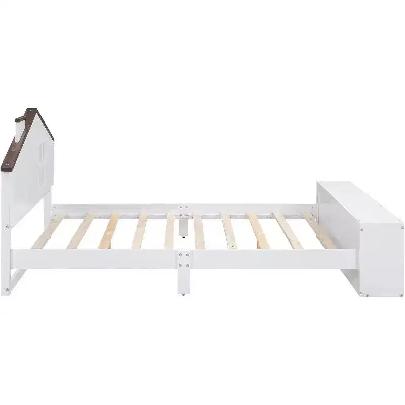 Full Size Bed Frame with Storage Drawers and LED Light, Wooden Platform Bed, White, for Kids & Teens
