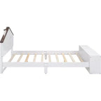 Full Size Bed Frame with Storage Drawers and LED Light, Wooden Platform Bed, White, for Kids & Teens
