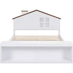 Full Size Bed Frame with Storage Drawers and LED Light, Wooden Platform Bed, White, for Kids & Teens