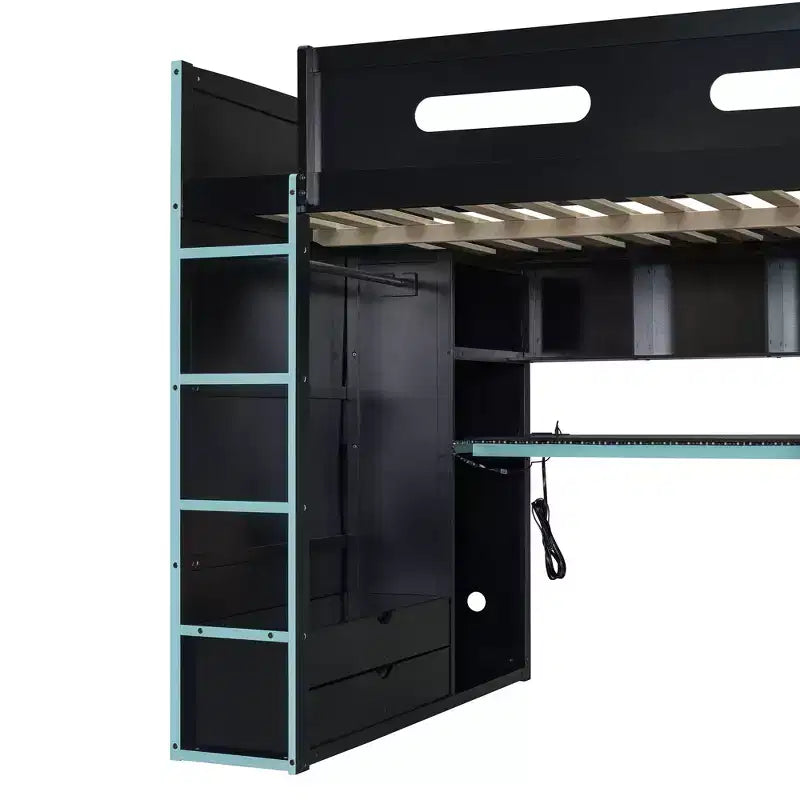 Full Size Loft Bed with Desk, Wardrobe, USB Port and LED Light