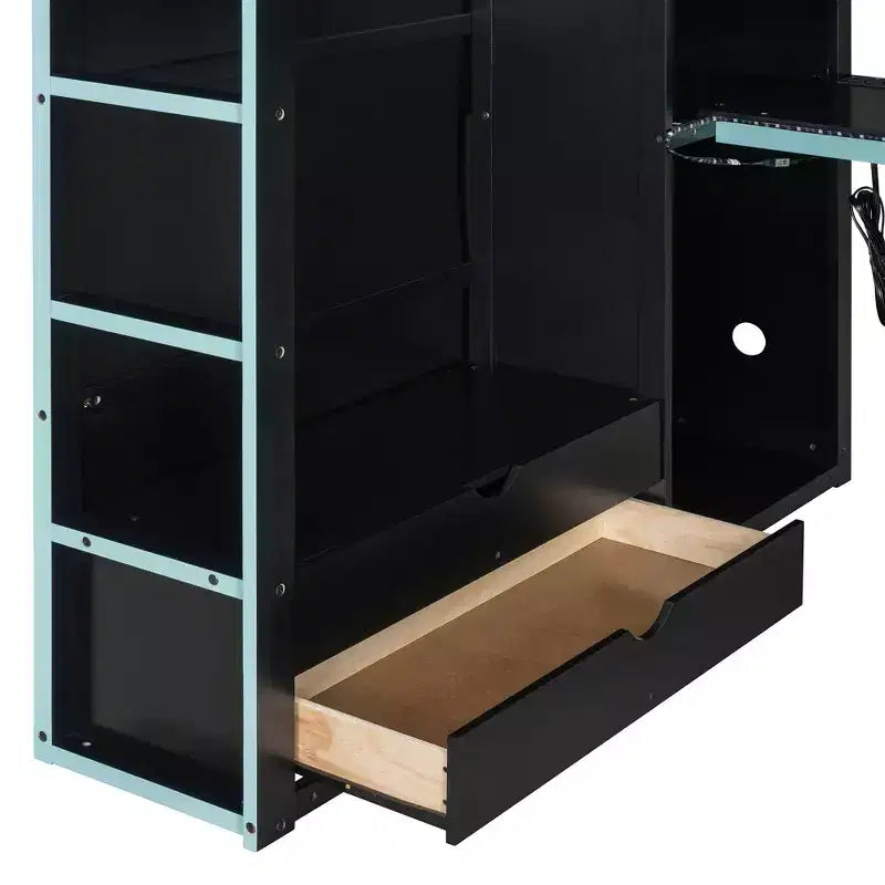 Full Size Loft Bed with Desk, Wardrobe, USB Port and LED Light