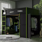 Full Size Loft Bed with Desk, Wardrobe, USB Port and LED Light