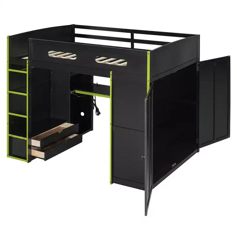 Full Size Loft Bed with Desk, Wardrobe, USB Port and LED Light
