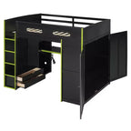 Full Size Loft Bed with Desk, Wardrobe, USB Port and LED Light