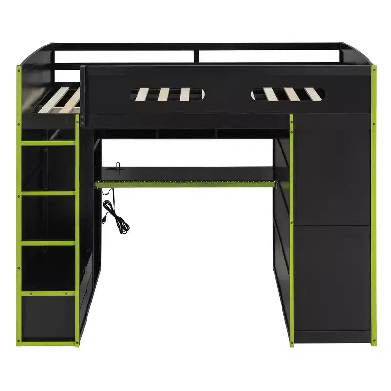 Full Size Loft Bed with Desk, Wardrobe, USB Port and LED Light