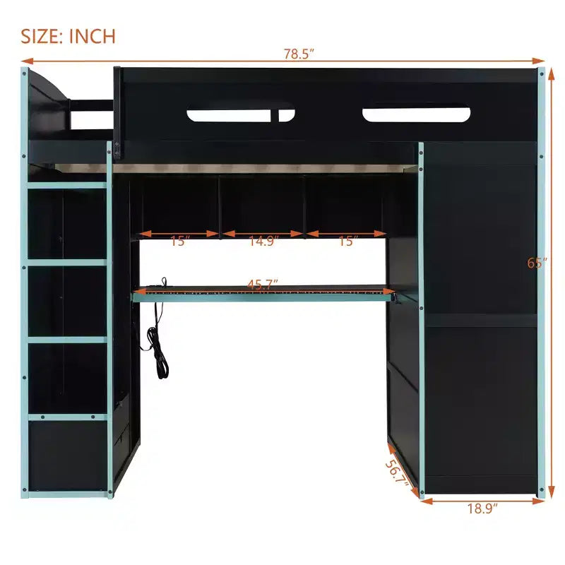 Full Size Loft Bed with Desk, Wardrobe, USB Port and LED Light