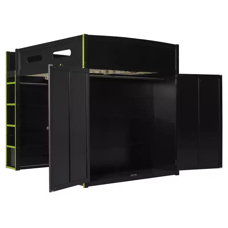 Full Size Loft Bed with Desk, Wardrobe, USB Port and LED Light