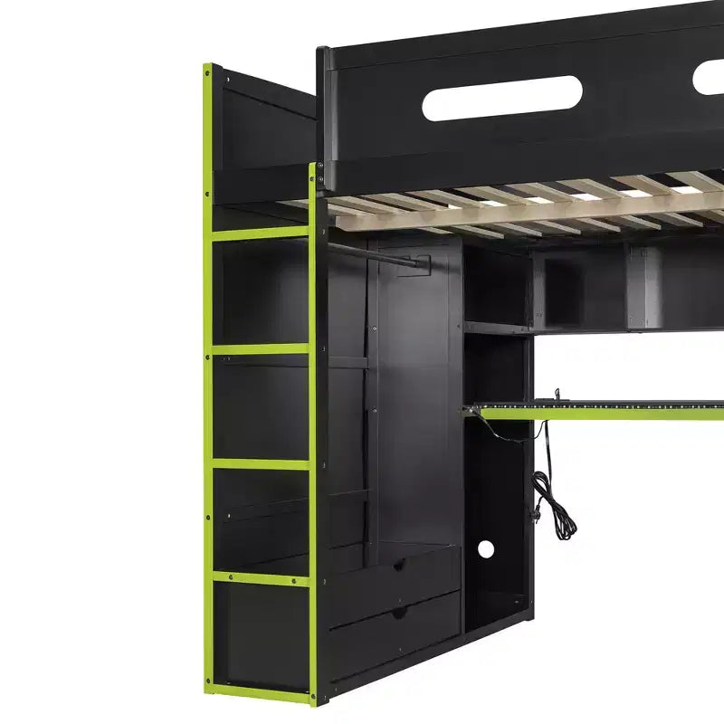 Full Size Loft Bed with Desk, Wardrobe, USB Port and LED Light