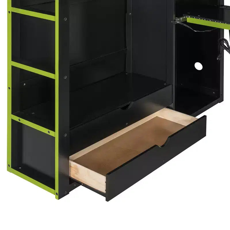 Full Size Loft Bed with Desk, Wardrobe, USB Port and LED Light