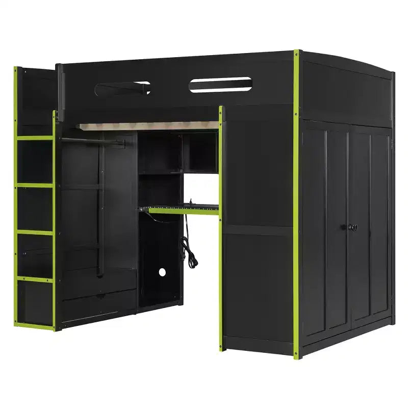 Full Size Loft Bed with Desk, Wardrobe, USB Port and LED Light